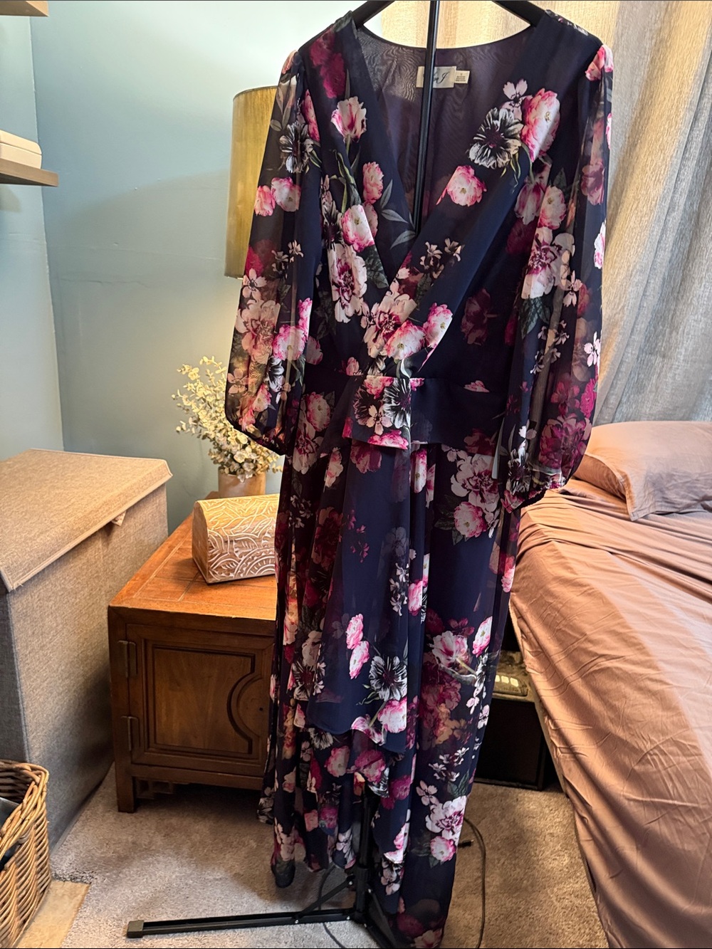 Eliza J Navy Floral High-Low Wrap Dress with Pink and White Blooms